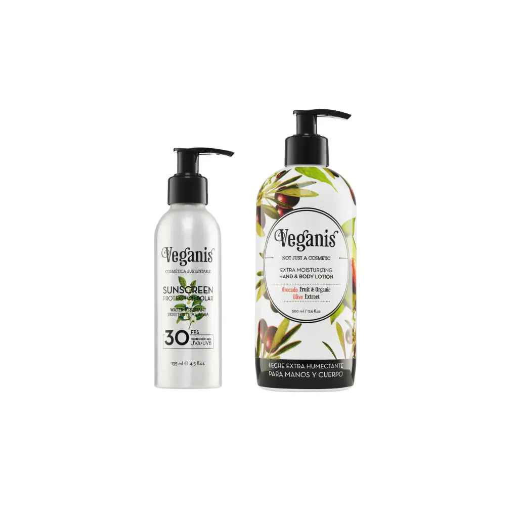 Kit Verano Leche Extra Humectante Con Palta y Extracto Orgánico de Oliva Veganis y Protector Solar FP 30