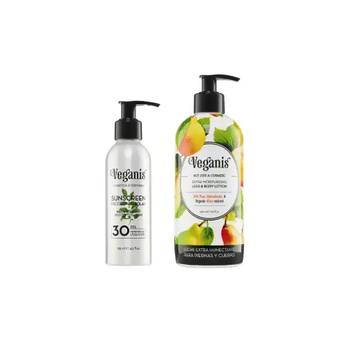 [25CPVE00002003] Kit Verano Leche Extra Humectante Para Piernas y Cuerpo Con Pera Silvestre, Macadamia y Extracto Organico de Oliva Veganis y Protector Solar FP 30
